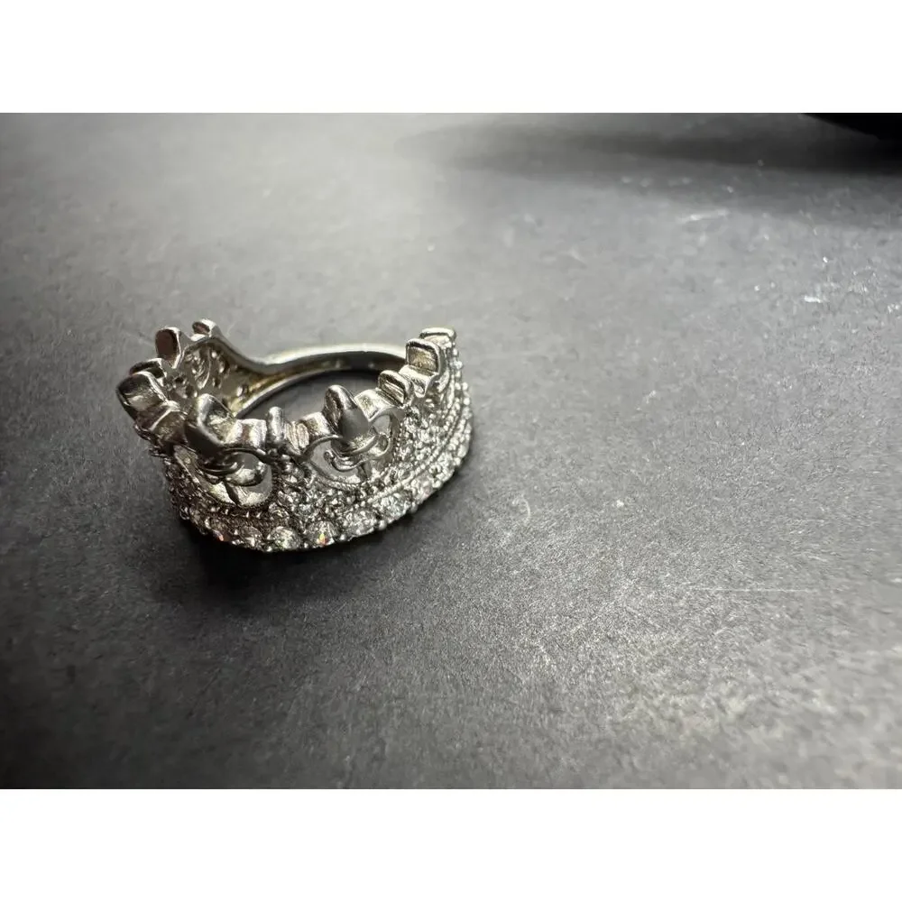 Vtg CI Signed Fleur De Lis Crown 925 Sterling Silver Cubic Zirconia Ring Sz 5.5